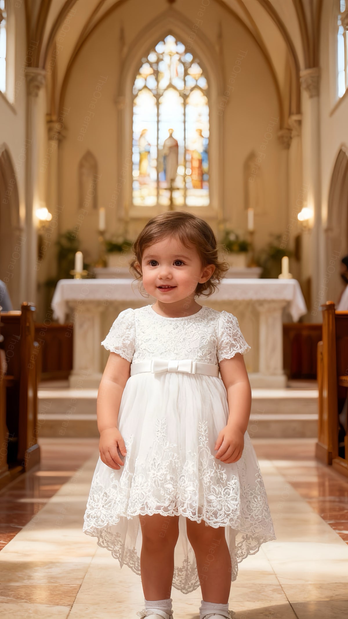 Abito da Cerimonia Bambina Bianco con Pizzo e Fiocco Rosa – Gonna Tulle a Coda di Sirena (6-36 Mesi)-TheOne 3658