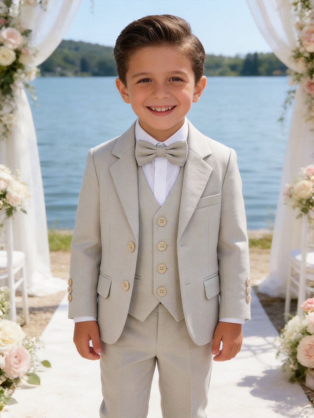 Completo Elegante Bambino Beige 5 Pezzi con Giacca Gilet Pantaloni Camicia e Papillony Beige Chiaro 1 Anni