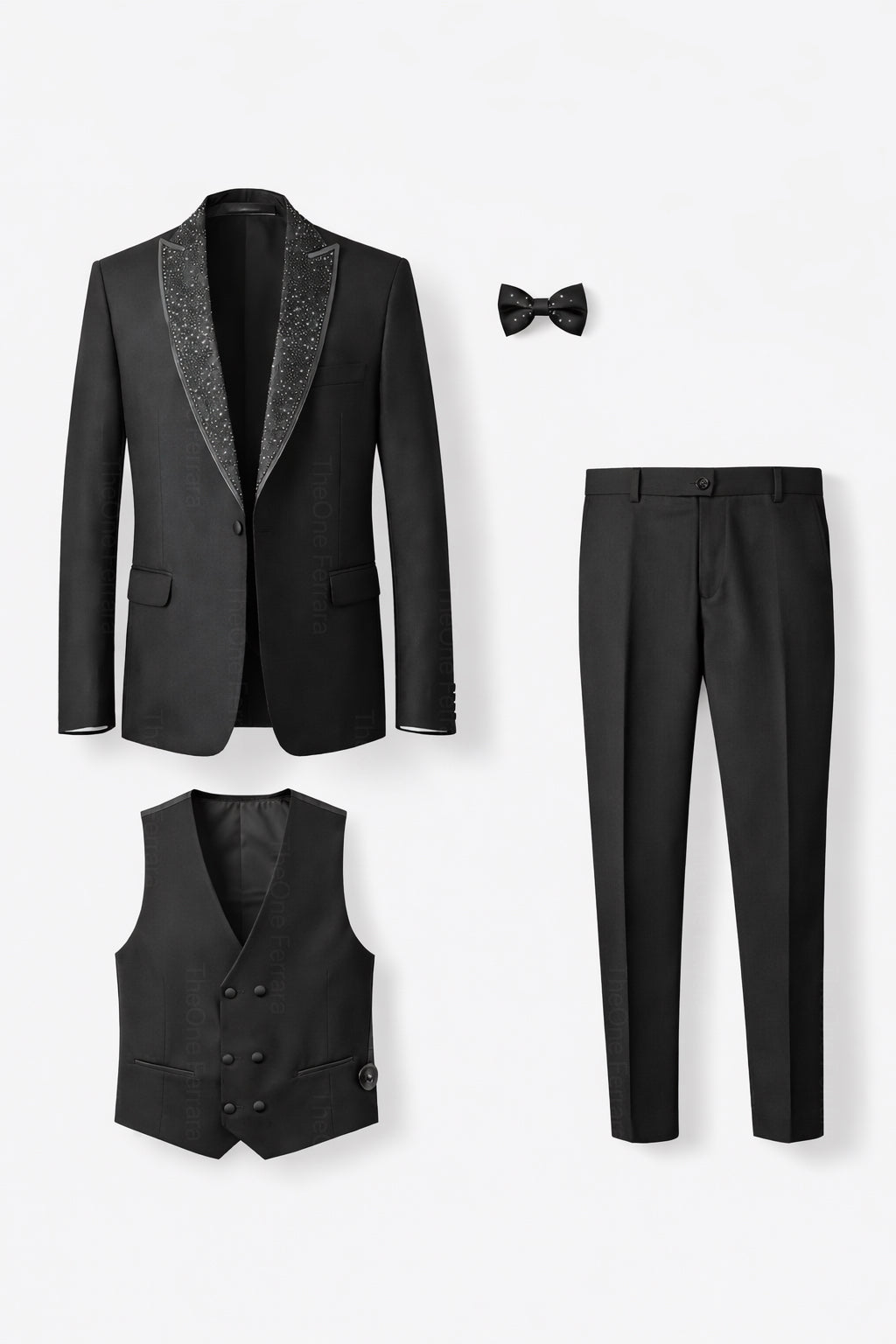 Smoking Uomo Nero 4 Pezzi con Rever Effetto Strass – Giacca 1 Bottone + Gilet Doppiopetto + Pantaloni + Papillon -Slim Fit Drop 6 -400-1-TheOne Ferrara Nero