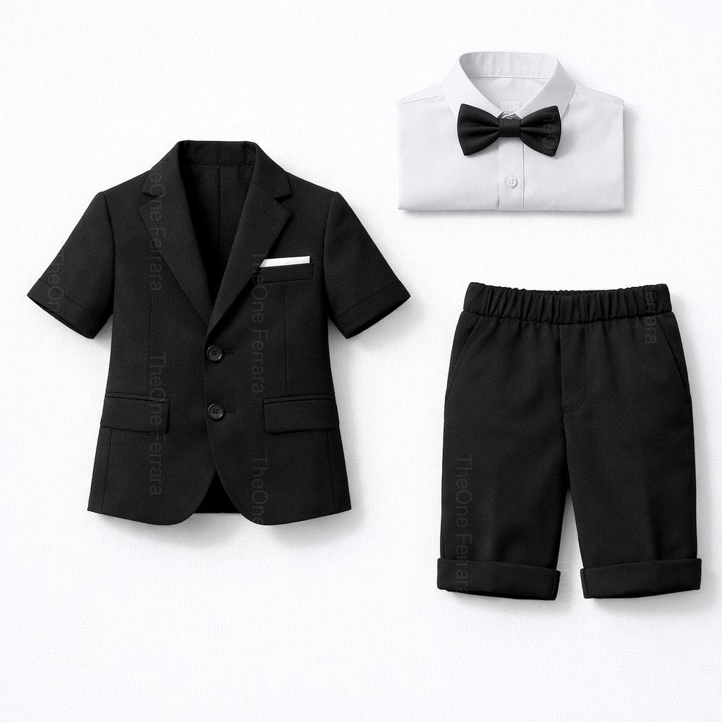 Completo Elegante Bambino Estivo 4 Pezzi con Giacca e Pantaloncini Abito Cerimonia Matrimonio 1-10Anni Nero