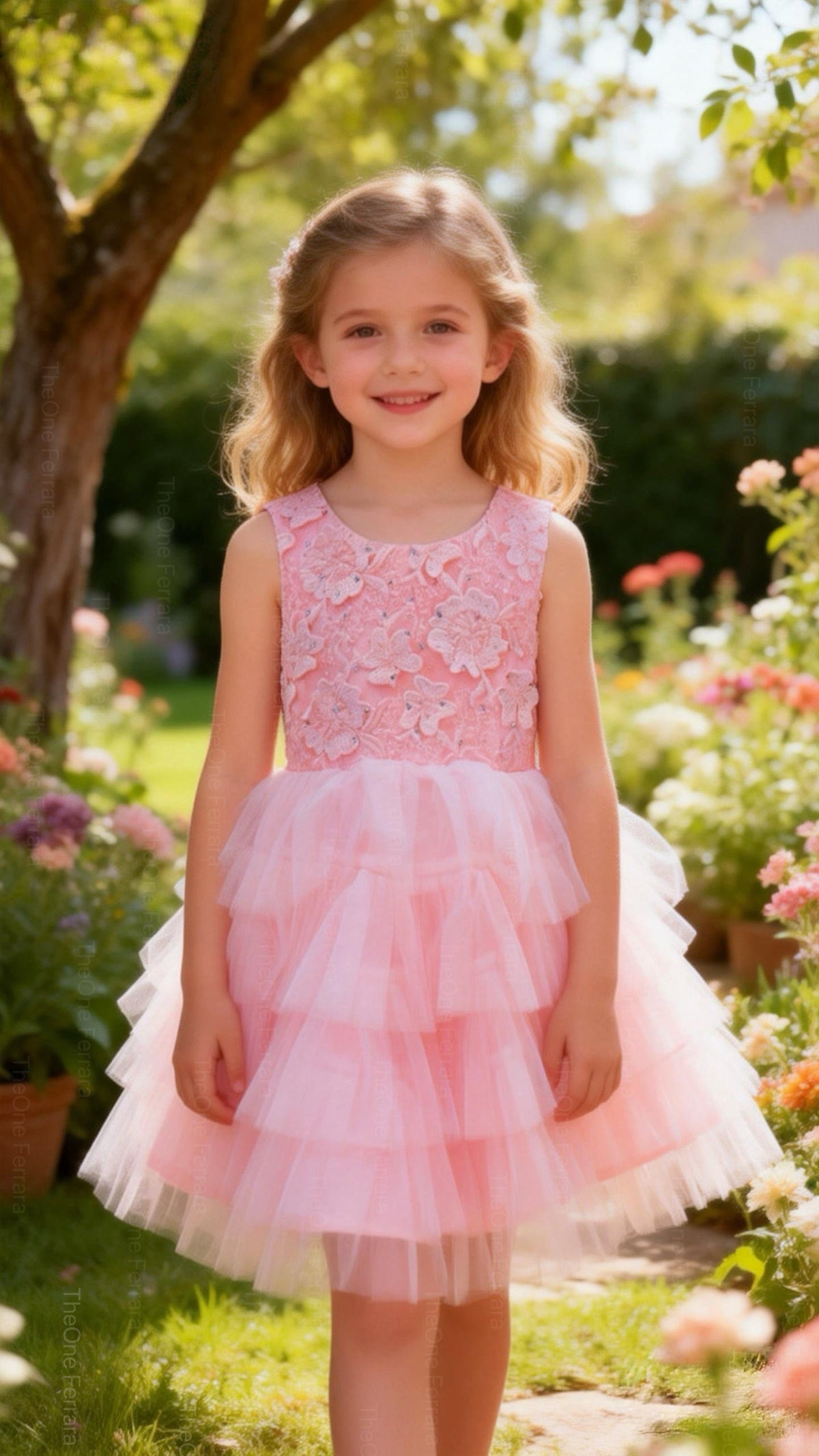 Abito Cerimonia Bambina Rosa Cipria con Tulle Multistrato e Dettagli Strass 2–14 Anni -TheOne