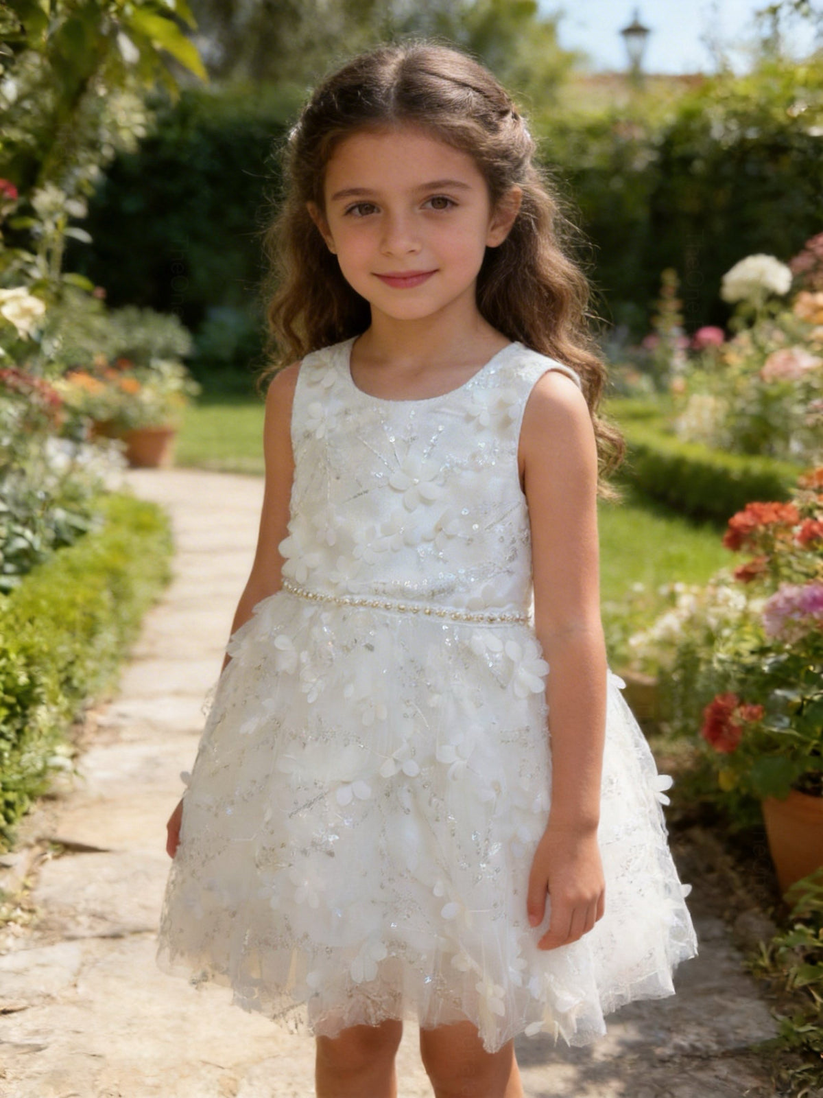 Abito da Cerimonia Bambina 2-12 Anni Elegante – Vestito con Fiori 3D e Gonna in Tulle per Matrimonio, Battesimo e Compleanno 716