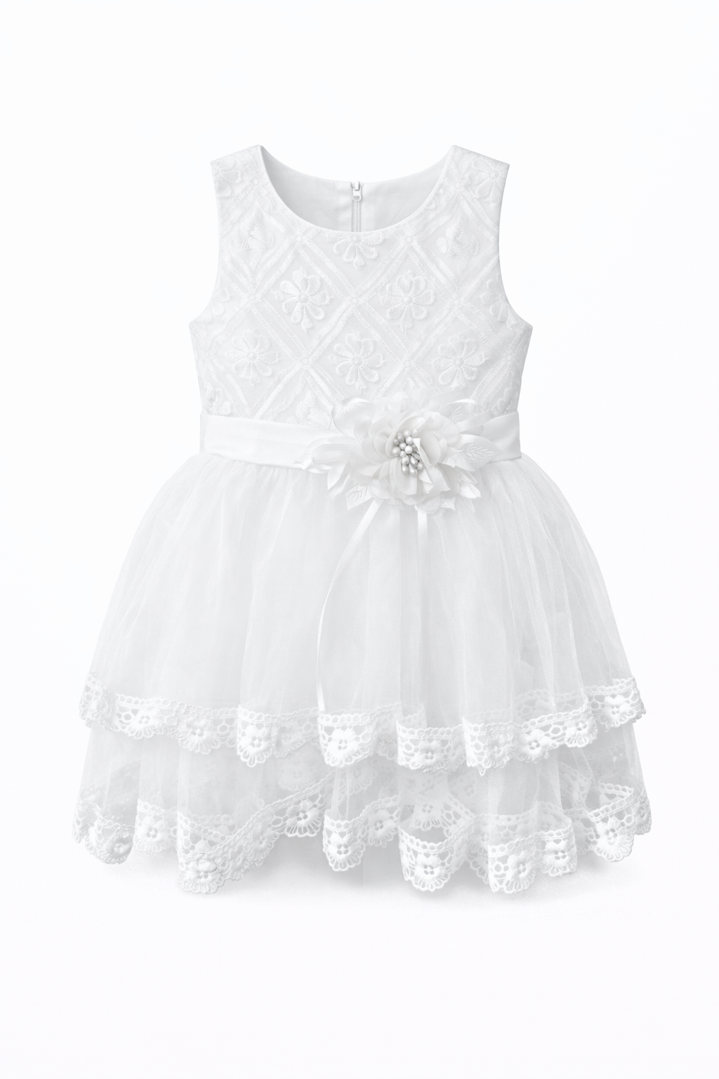 Abito da Battesimo Neonata Bianco 6–36 Mesi – Tulle a Strati con Bordo in Pizzo e Fiocco sul Retro Cerimonia Chiesa 660