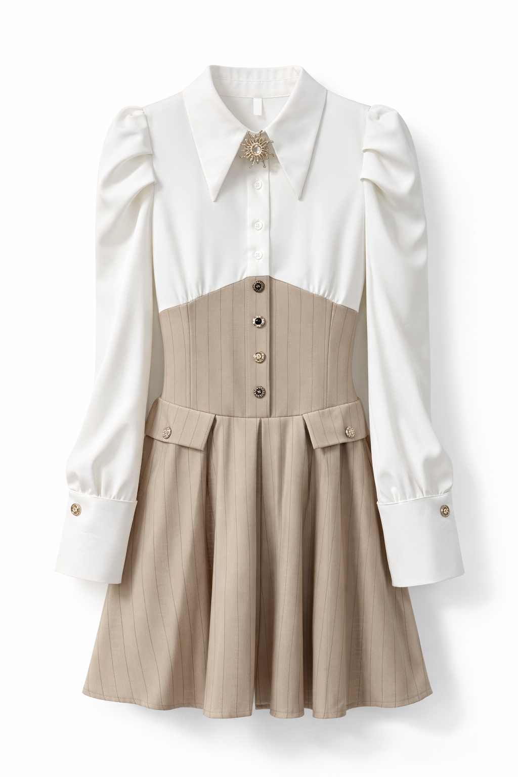 Abito Donna Elegante con Effetto Corsetto e Gonna Plissettata Camicia Strutturata Chic 89859 Beige taglia unica 45-55kg