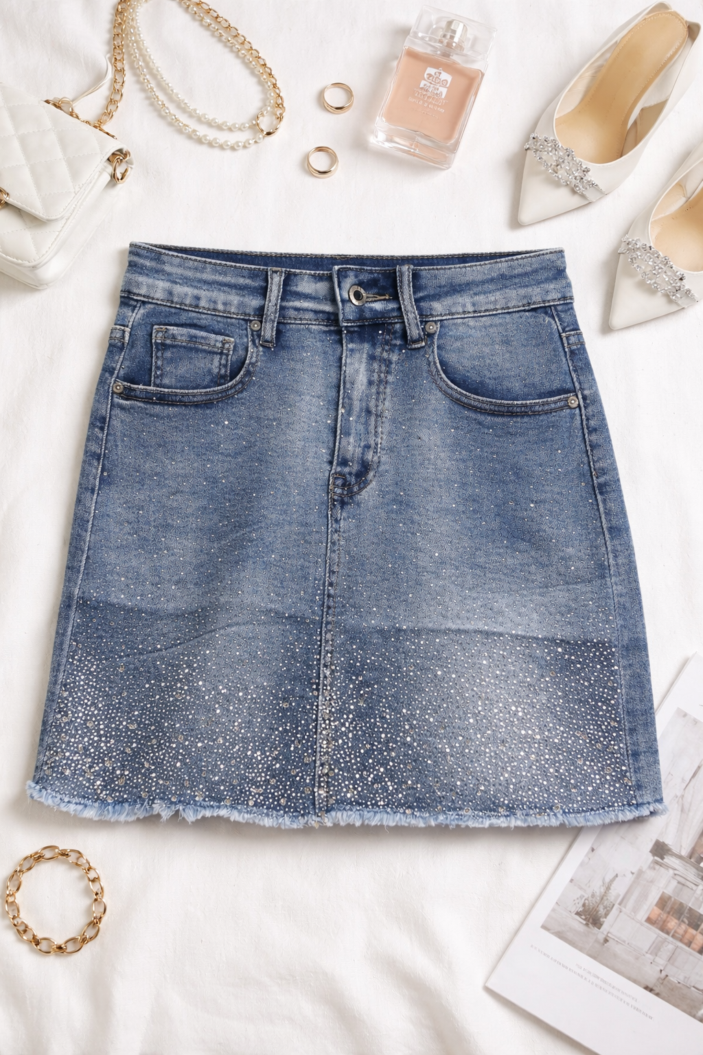 Gonna Jeans Donna Corta – Denim con Strass Vita Alta Casual Chic 6202