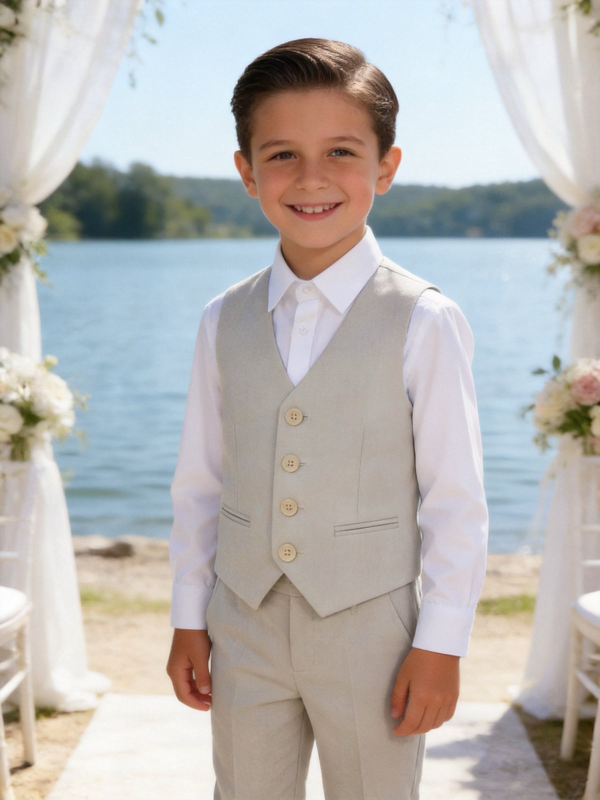 Completo Elegante Bambino Beige 5 Pezzi con Giacca Gilet Pantaloni Camicia e Papillony