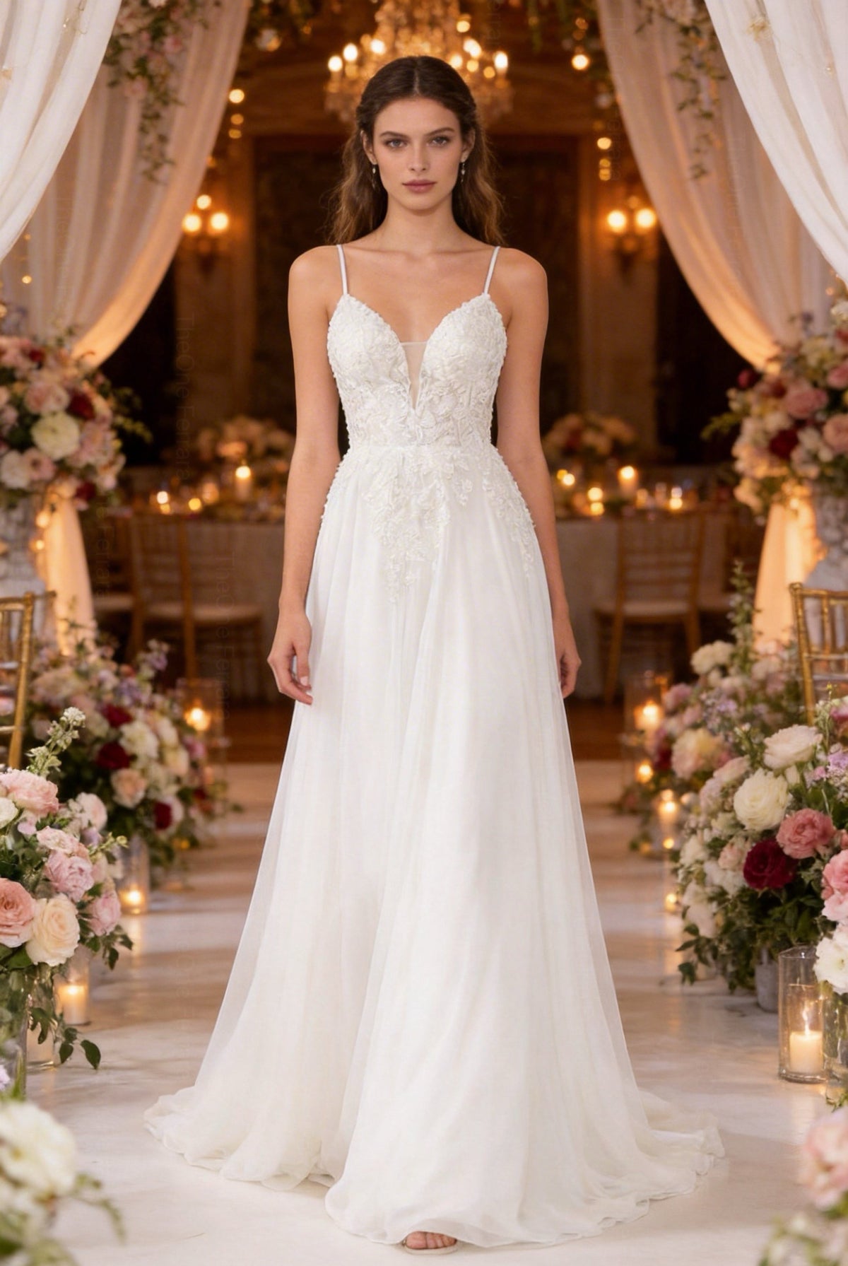 Abito da Sposa A-Line in Chiffon con Pizzo 3D e Scollo Profondo – Spalline Sottili, Effetto Corsetto, Colore Avorio Naturale 879001 Bianco