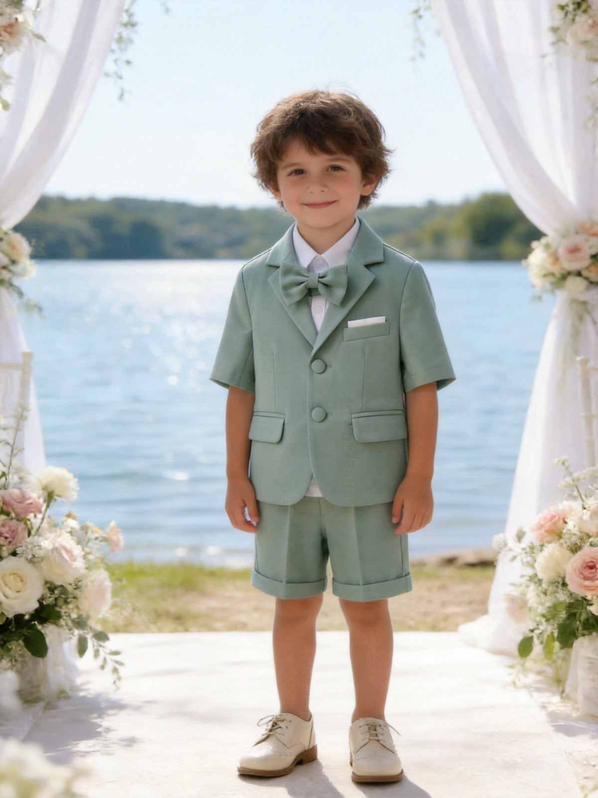 Completo Elegante Bambino Verde Salvia 4 Pezzi con Giacca Shorts Camicia e Papillong 4-10Anni verde salvia