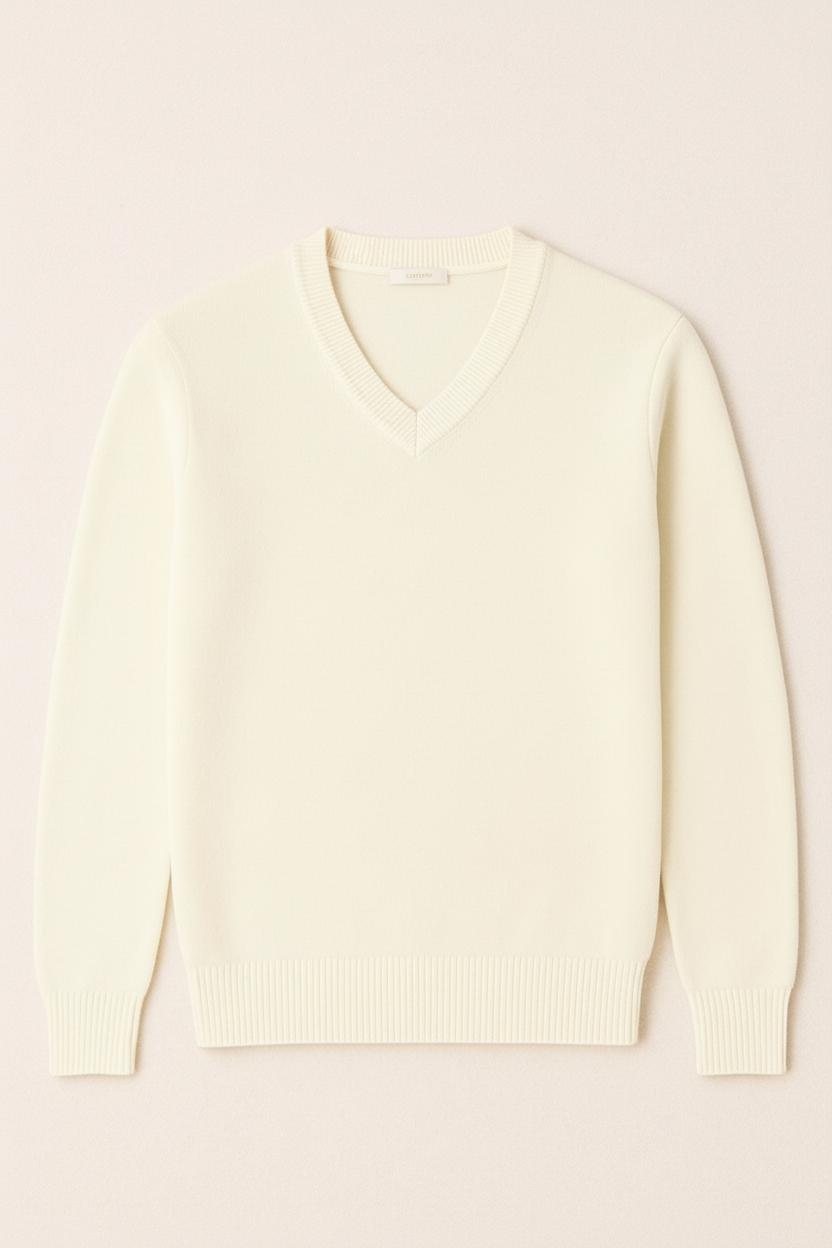 Maglione Uomo Scollo a V in Viscosa - Pullover Elasticizzato Elegante 35607 latte
