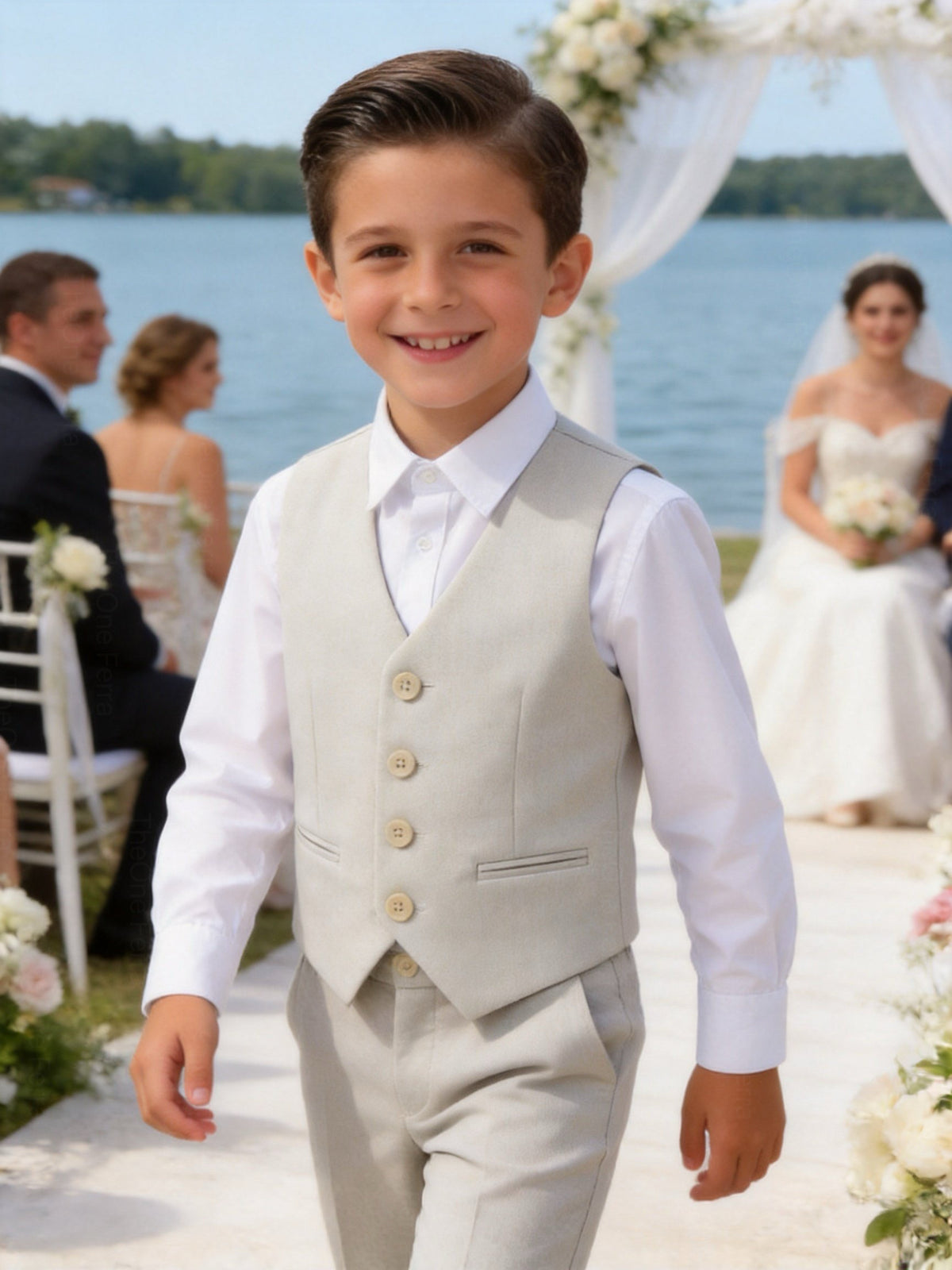 Completo Elegante Bambino Beige 5 Pezzi con Giacca Gilet Pantaloni Camicia e Papillony