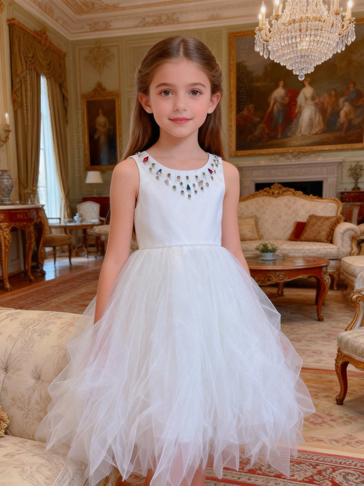 Abito Cerimonia Bambina Elegante in Tulle con Scollo Gioiello – 2-14 Anni – Rosa | Bianco | Bordeaux | Rosa Cipria – 2045
