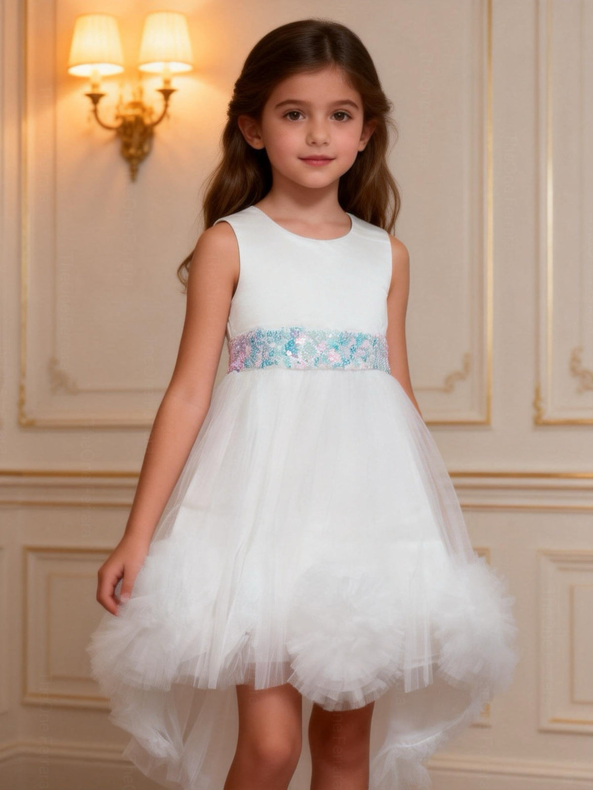 Abito da Cerimonia Bambina Bianco a Sirena in Tulle – 2-14 Anni | Battesimo, Comunione, Damigella 22012-TheOne Ferrara Bianco