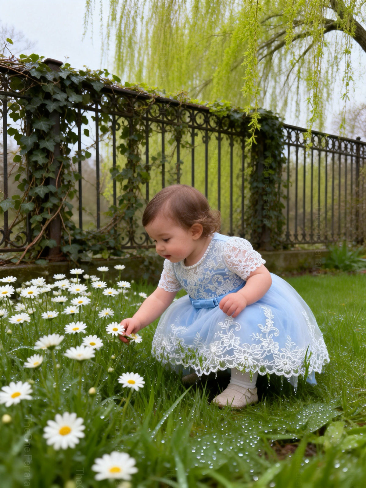 Abito da Cerimonia Bambina Bianco con Pizzo e Fiocco Rosa – Gonna Tulle a Coda di Sirena (6-36 Mesi)-TheOne 3658