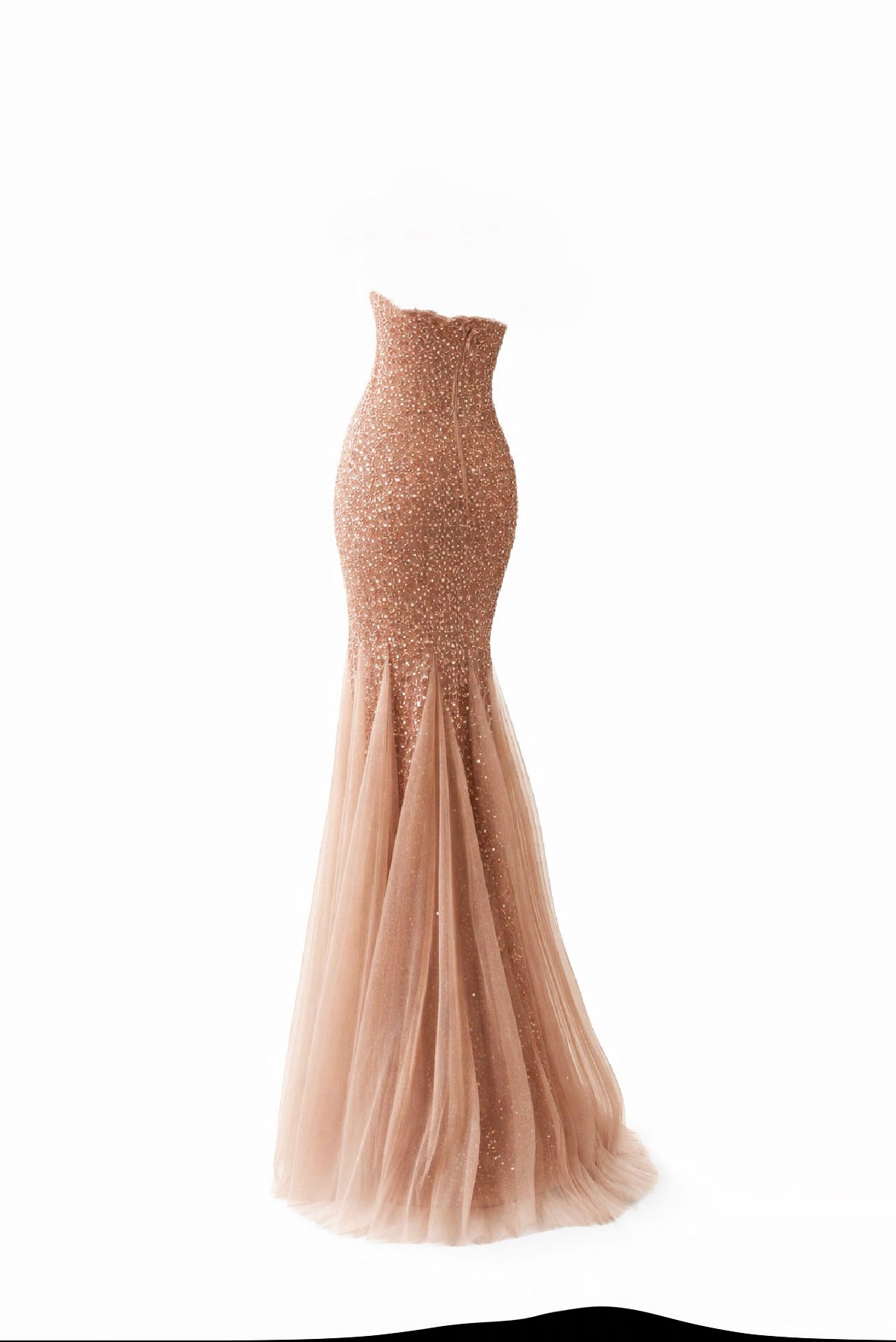 Abito da Sera Champagne con Paillettes – Vestito Lungo Sirena Elegante Senza Spalline 517039