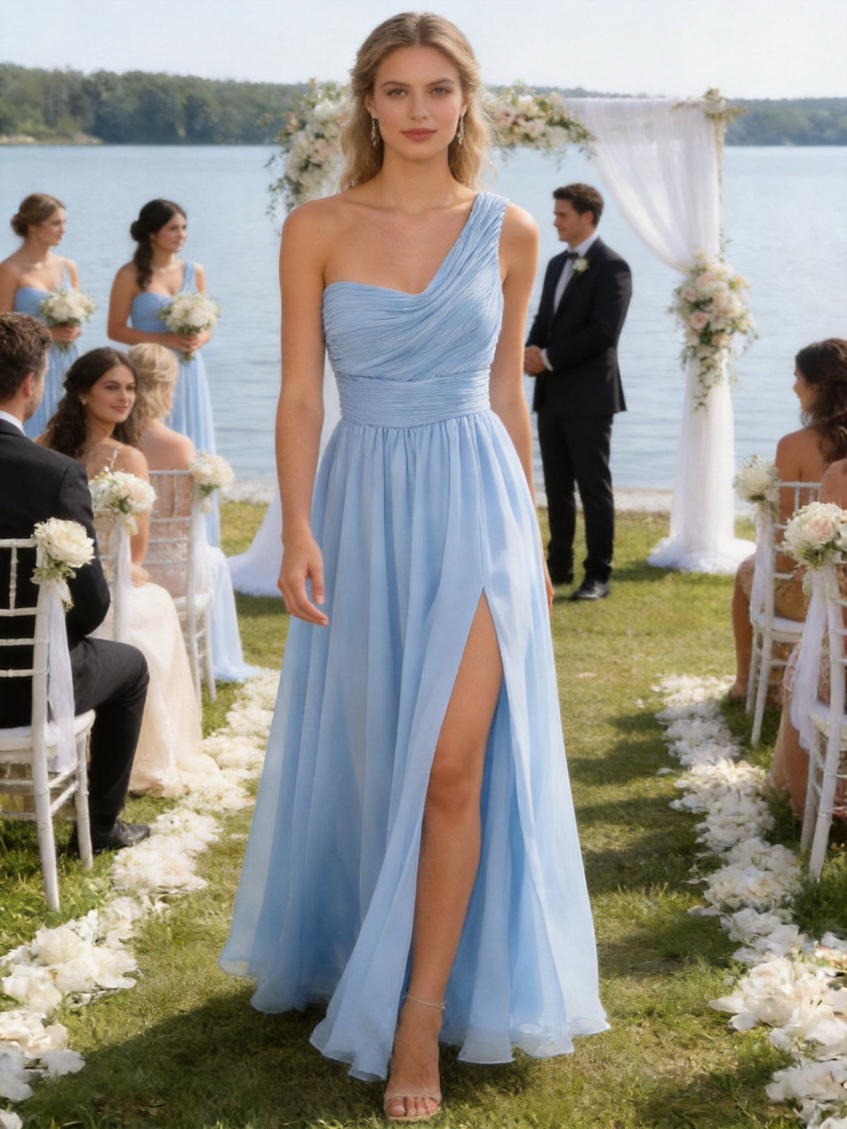 Abito Damigella Monospalla in Chiffon con Spacco Laterale