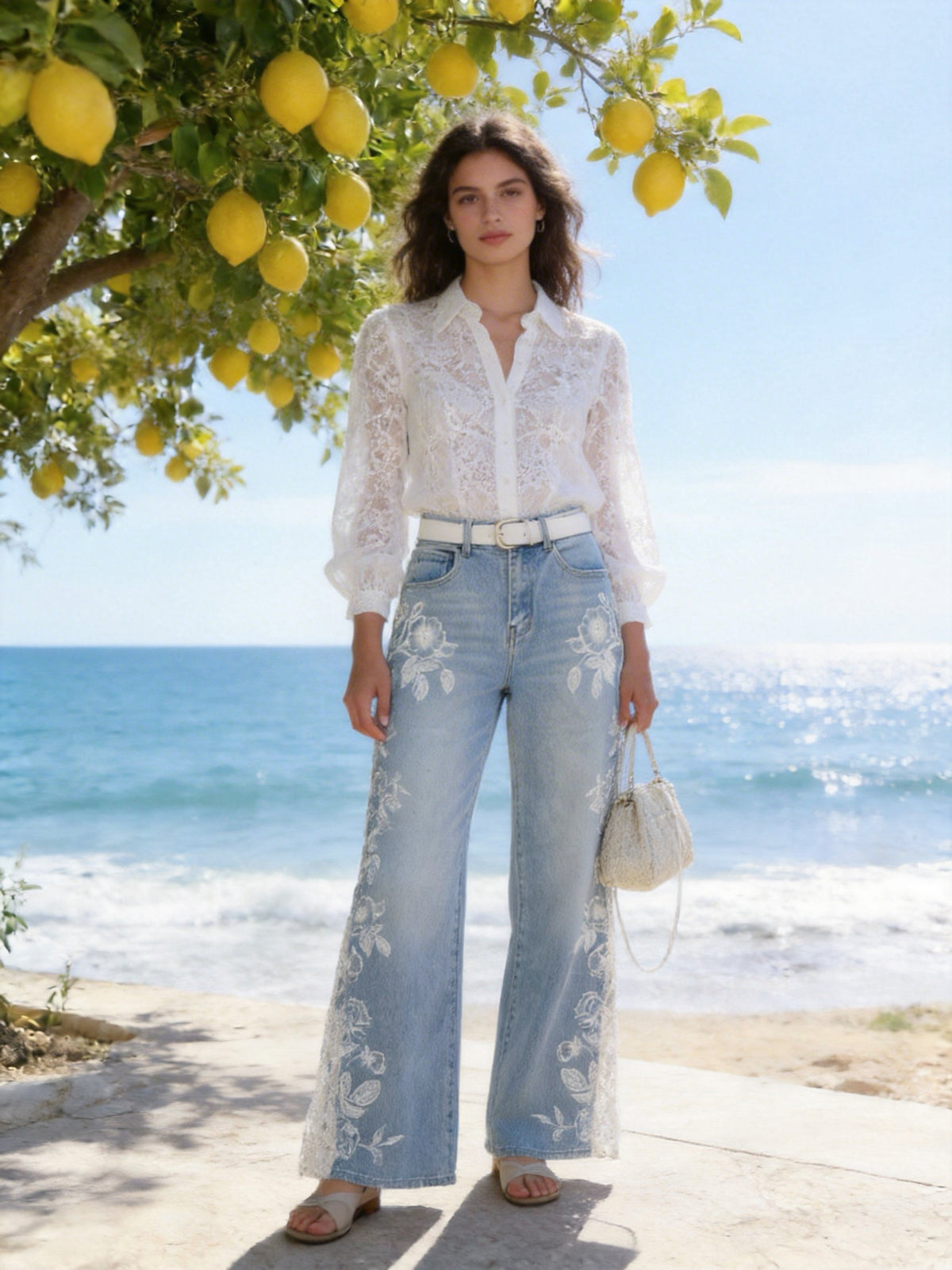 Jeans Donna Wide Leg con Ricamo Floreale e Strass – Denim con Inserti in Pizzo Vita Alta 919