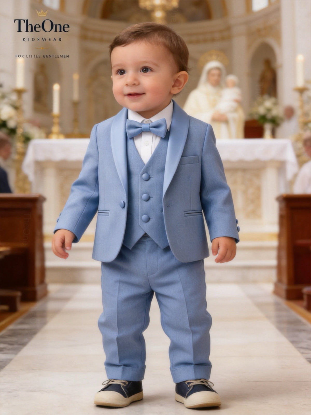 Completo Elegante Bambino Celeste 5 Pezzi con Papillon per Cerimonia e Matrimonio