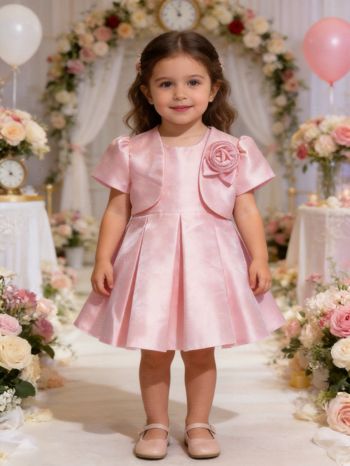 Abito Cerimonia Bambina con Bolero e Fiore – Vestito Elegante Rosa Cipria in Tessuto Strutturato Luminoso per Comunione, Matrimonio e Festa 1-6 anni