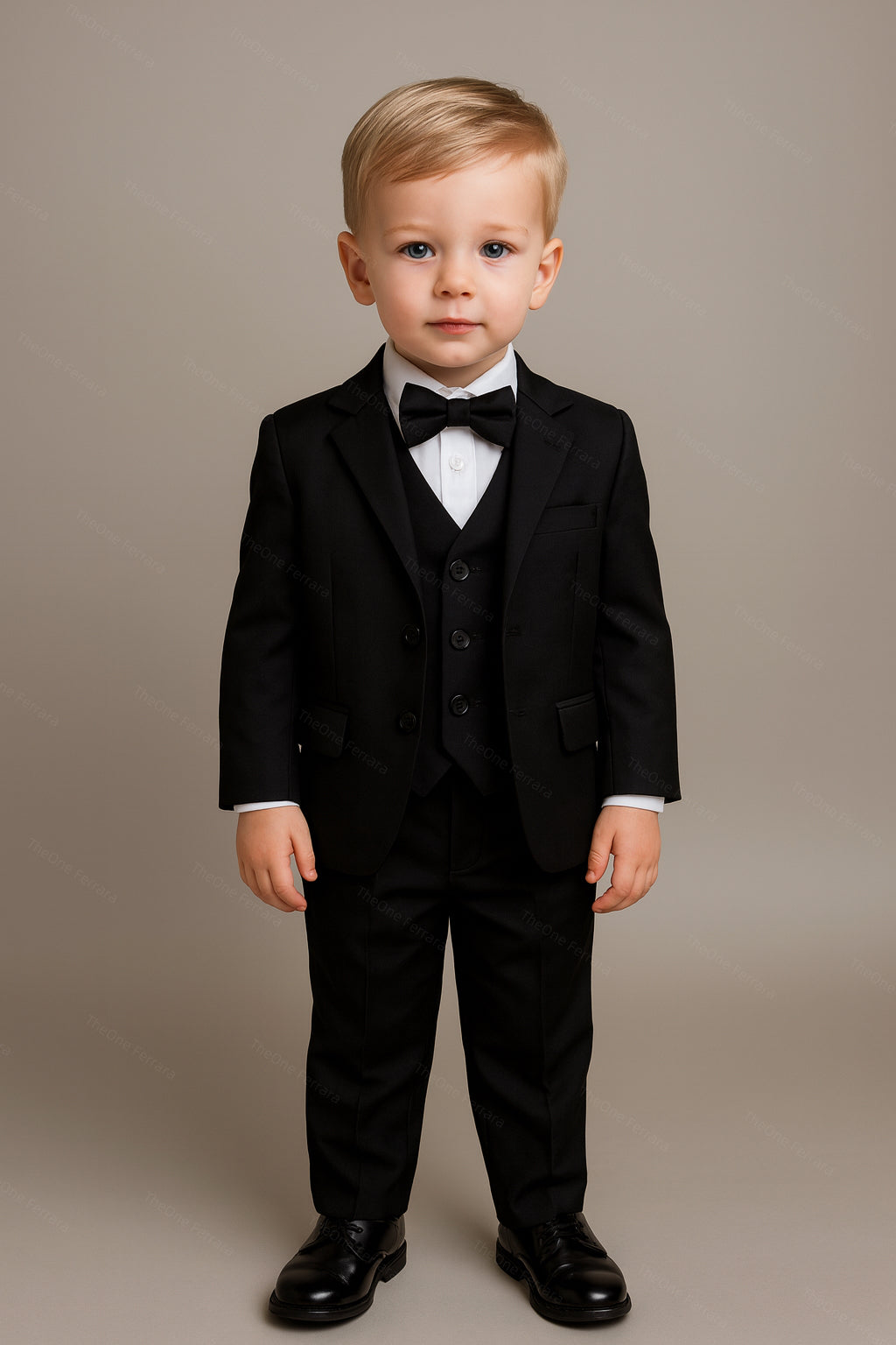Completo Cerimonia Bambino 5 Pezzi – Abito Elegante Nero con Giacca, Gilet, Camicia, Pantaloni e Papillon 4-14Anni A07 TheOn Nero 80%Poliestere 20%Cottone