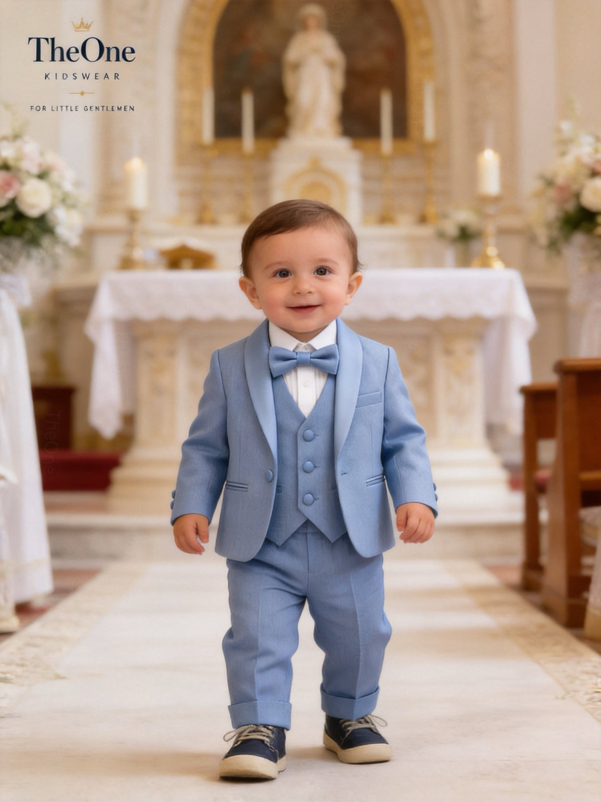Completo Elegante Bambino Celeste 5 Pezzi con Papillon per Cerimonia e Matrimonio