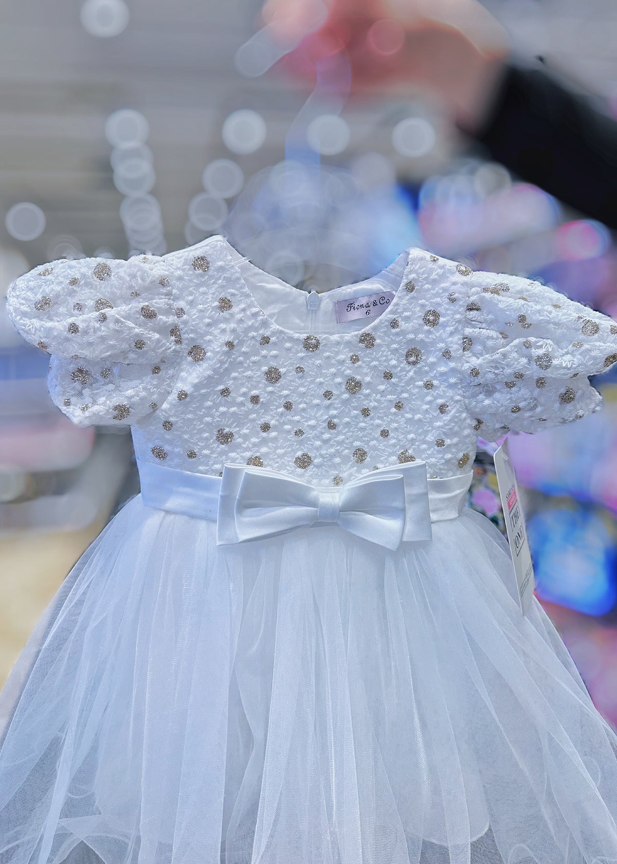 Abito da Principessa Bianco con Maniche a Palloncino - Vestito Elegante per Neonata (0-36 mesi)
