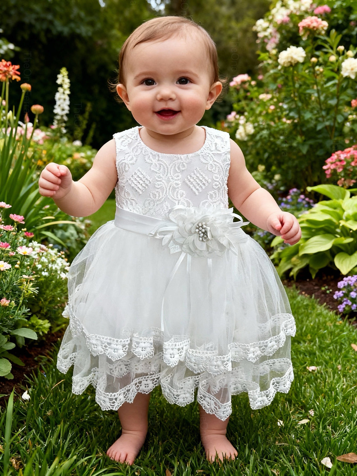 Abito da Battesimo Neonata Bianco 6–36 Mesi – Tulle a Strati con Bordo in Pizzo e Fiocco sul Retro Cerimonia Chiesa 660 Bianco