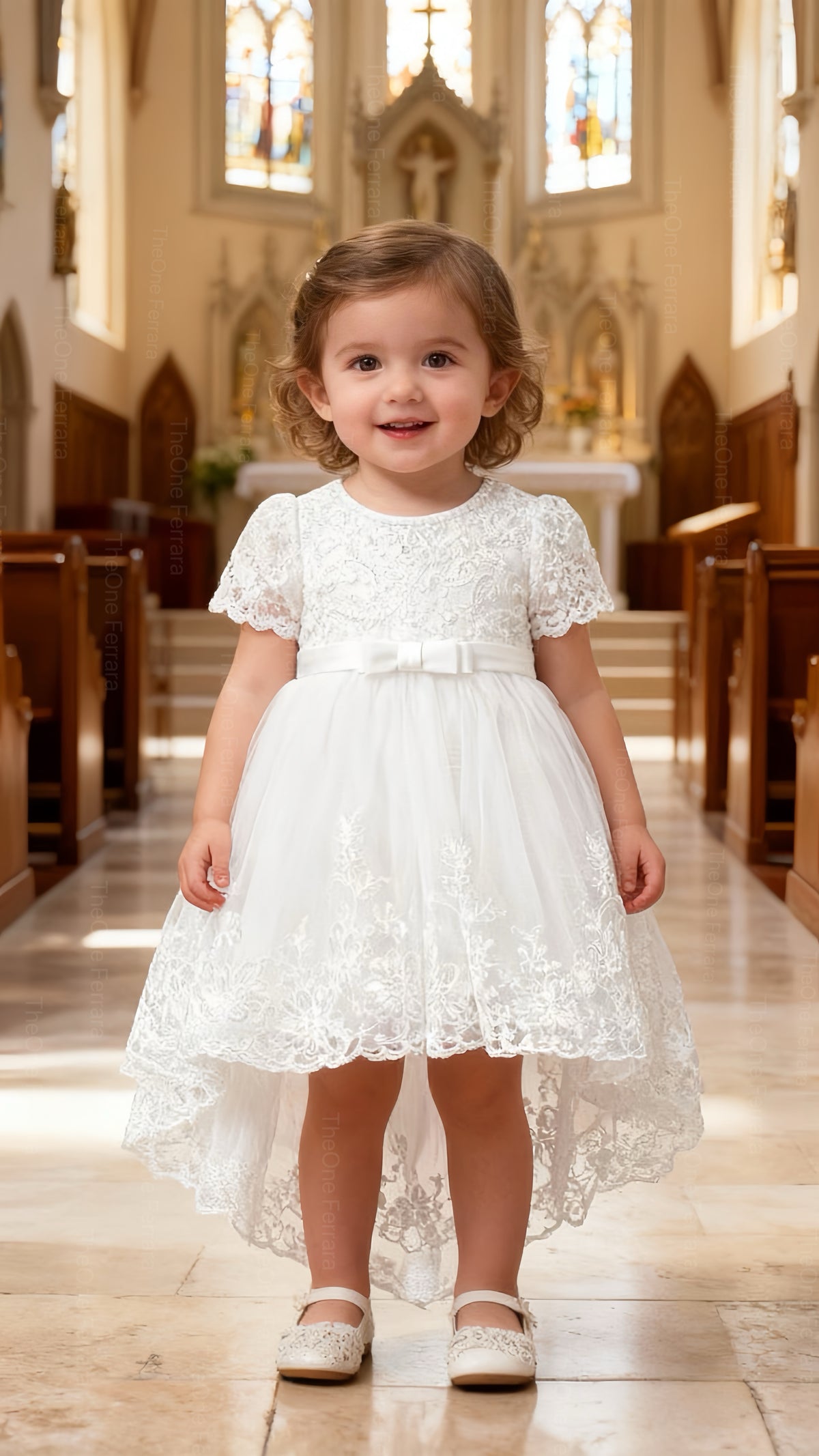 Abito da Cerimonia Bambina Bianco con Pizzo e Fiocco Rosa – Gonna Tulle a Coda di Sirena (6-36 Mesi)-TheOne 3658