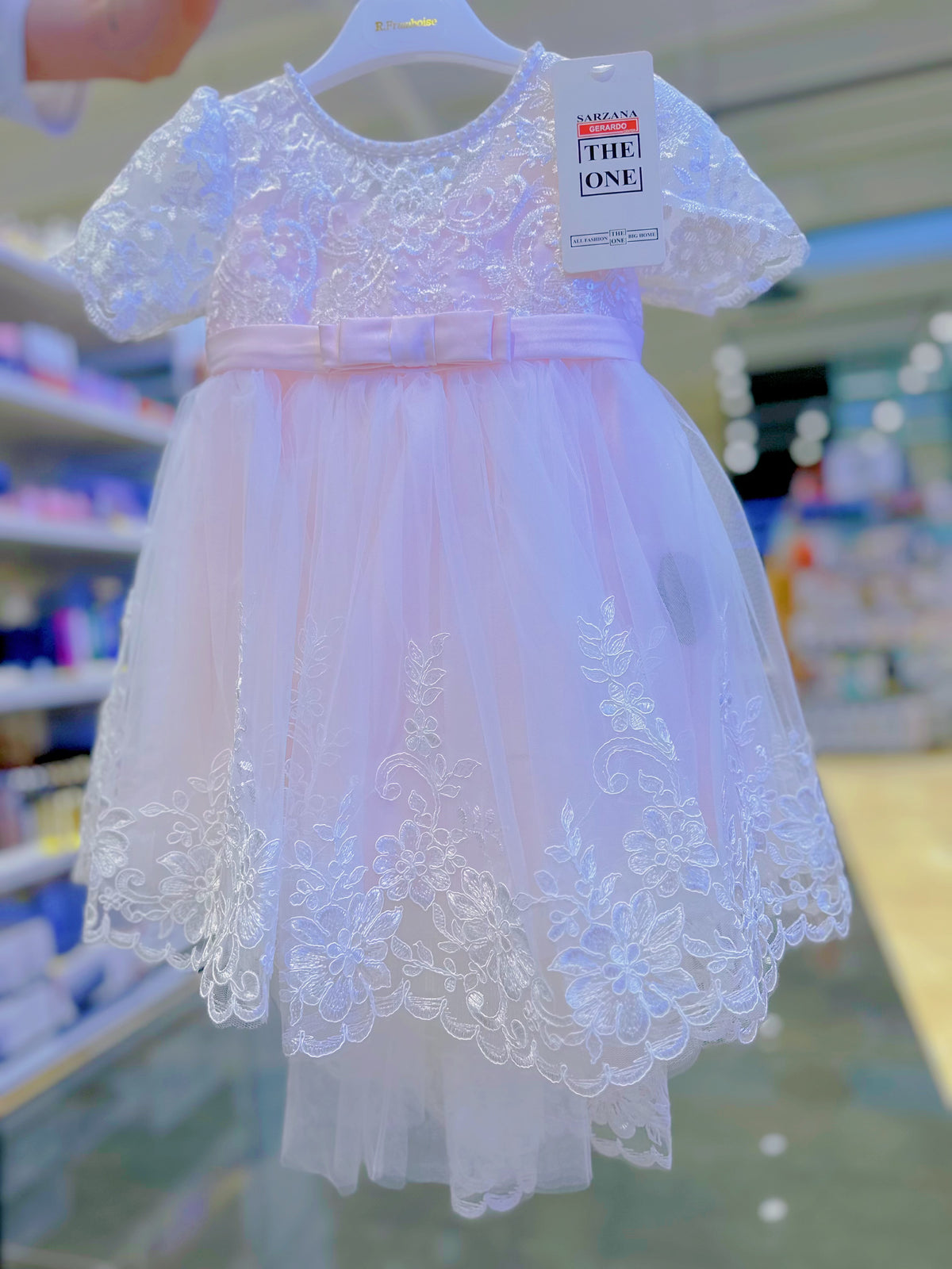 Abito da Cerimonia Bambina Bianco con Pizzo e Fiocco Rosa – Gonna Tulle a Coda di Sirena (6-36 Mesi)-TheOne 3658