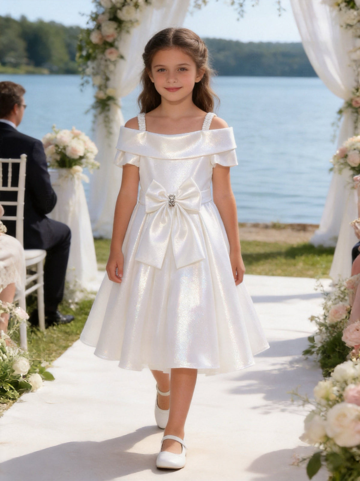 Vestito Bambina Cerimonia Elegante in Taffetà con Fiocco Grande 2-14 Anni