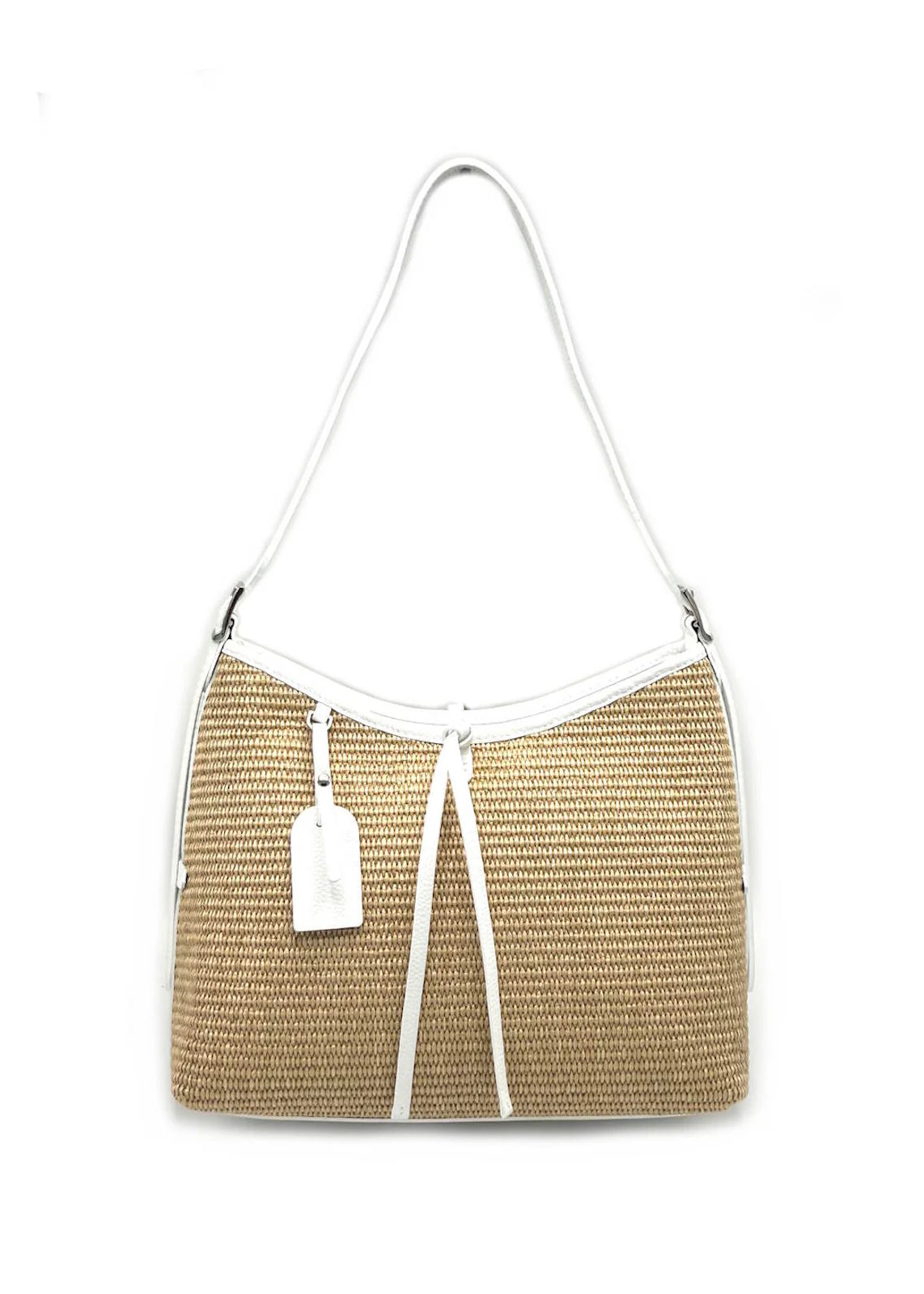 Borsa a Tracolla Estiva in Vera Pelle e Rafia, Chiusura a Cerniera, Made in Italy – art. 112751 Bianco