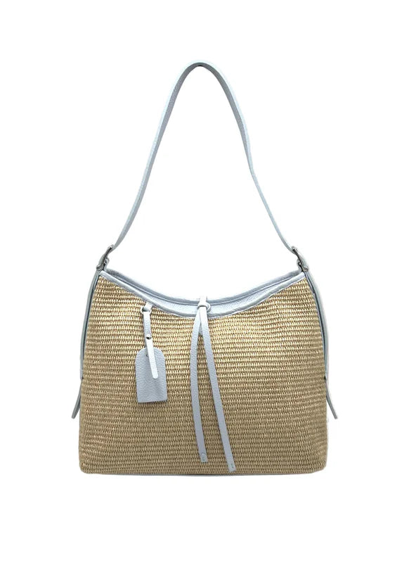 Borsa a Tracolla Estiva in Vera Pelle e Rafia, Chiusura a Cerniera, Made in Italy – art. 112751 Azzuro