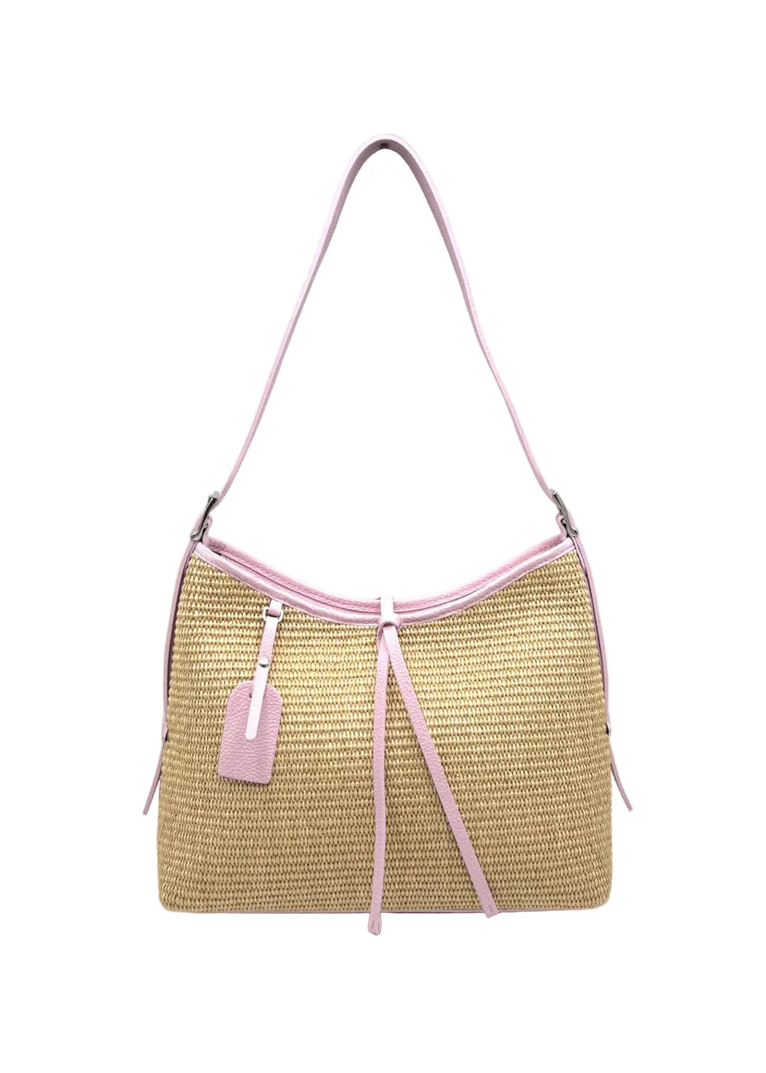 Borsa a Tracolla Estiva in Vera Pelle e Rafia, Chiusura a Cerniera, Made in Italy – art. 112751 Rosa