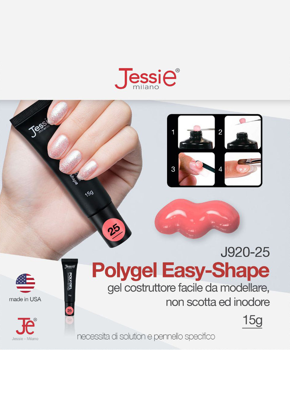 Polygel Gel Costruttore Rosso Chiaro 15g – Easy Shape, Semitrasparente, UV/LED