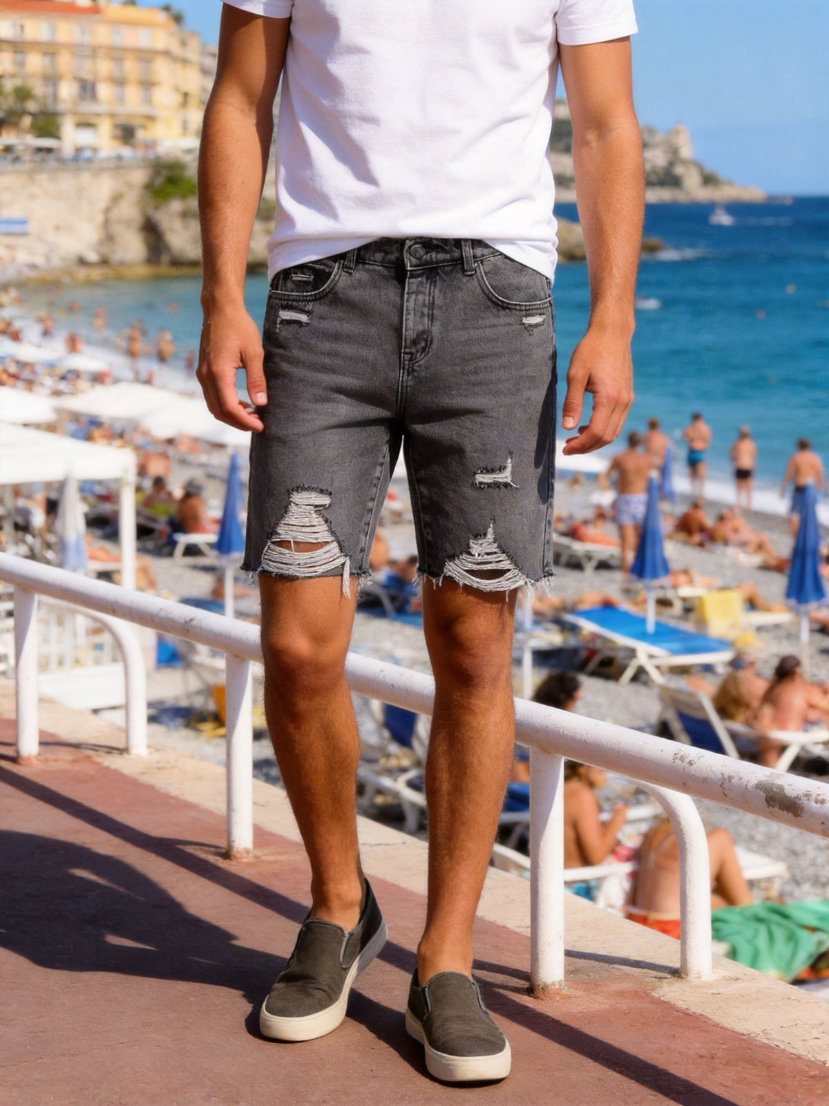 Bermuda Uomo Denim Strappato Slim Fit Effetto Used Streetwear Estate
