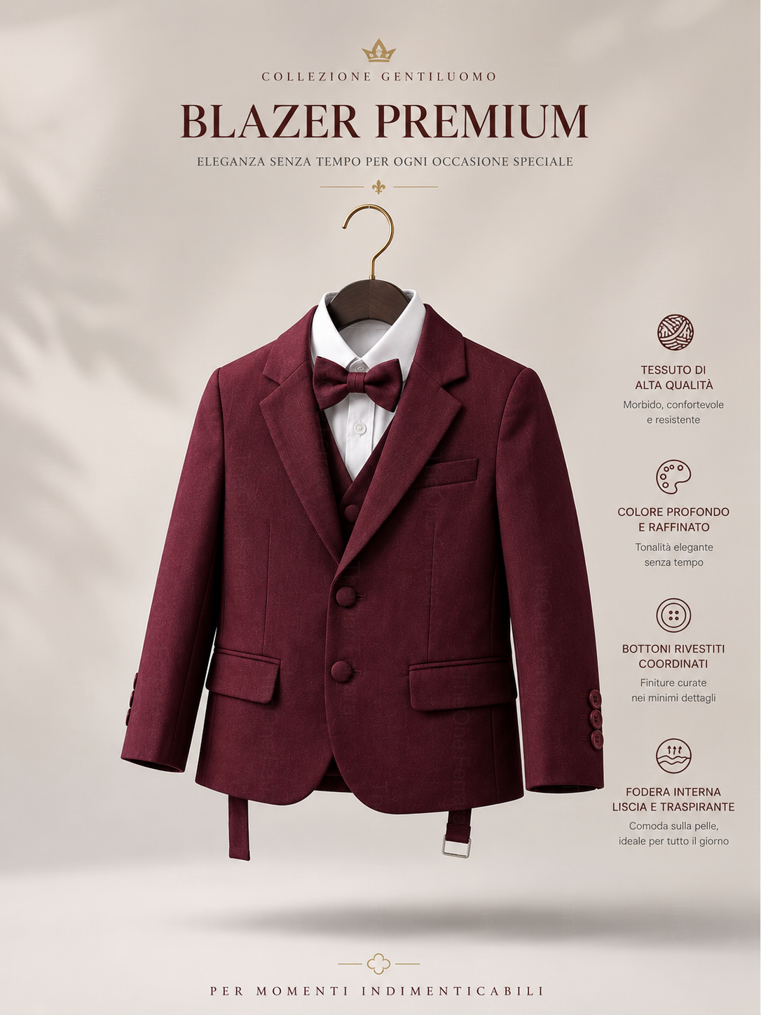Completo Elegante Bambino Bordeaux 5 Pezzi con Giacca Gilet Pantaloni Camicia e Papillon