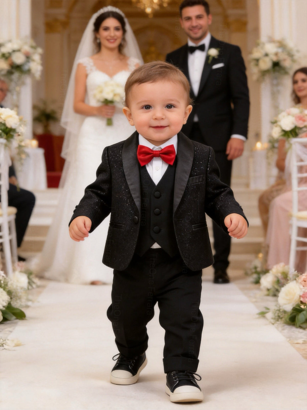 Completo Elegante Bambino 5 Pezzi Smoking Nero Glitter con Papillon Rosso