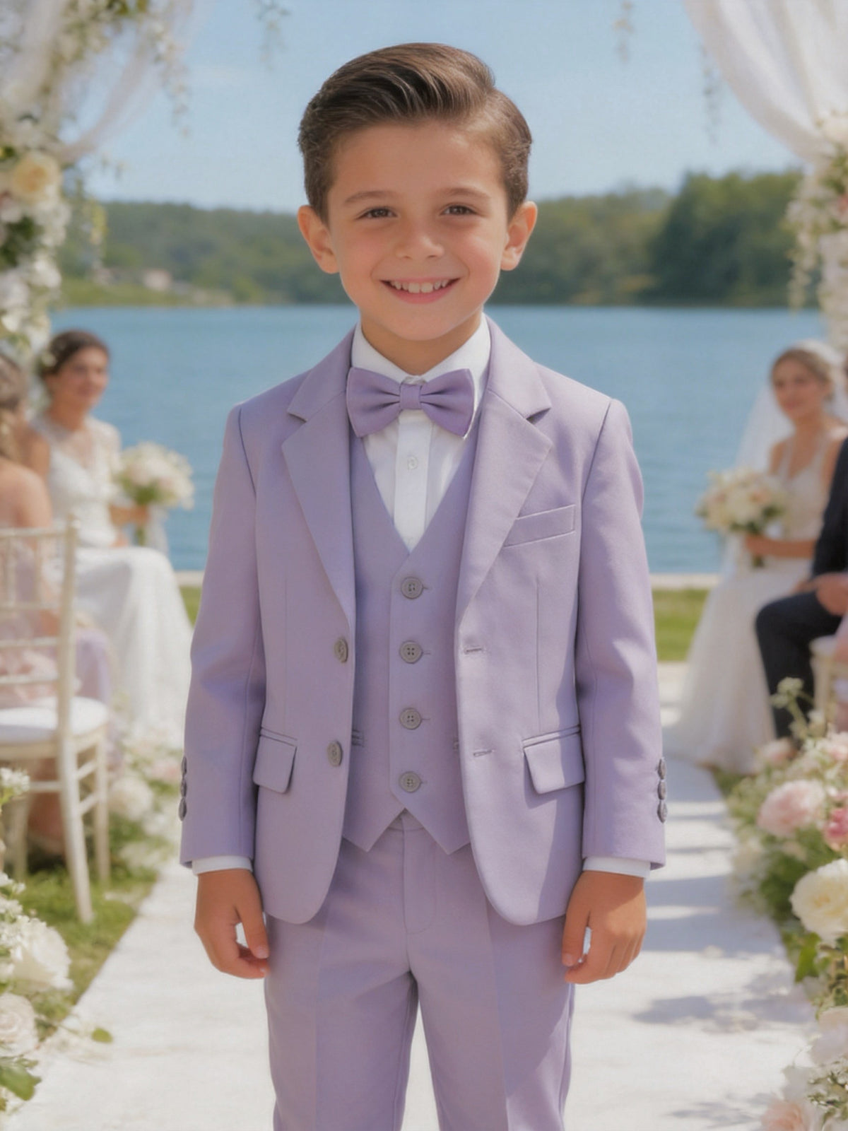 Completo Elegante Bambino Lilla 5 Pezzi con Giacca Gilet Pantaloni Camicia e Papillon