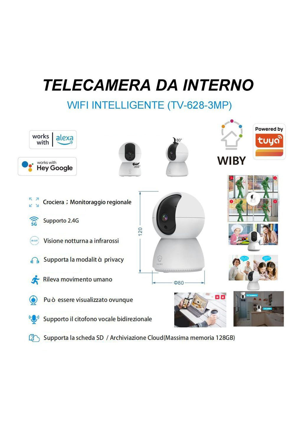 Telecamera WiFi da Interno 3MP | Alexa & Google | Rotazione 355° | WIBY TV-628