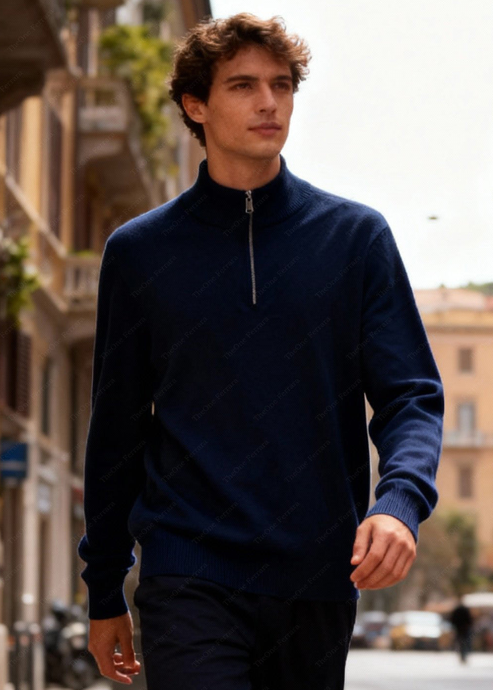 Maglione Uomo Mezza Zip - Pullover Viscosa Modal Collo Alto c t-007 Blue notte