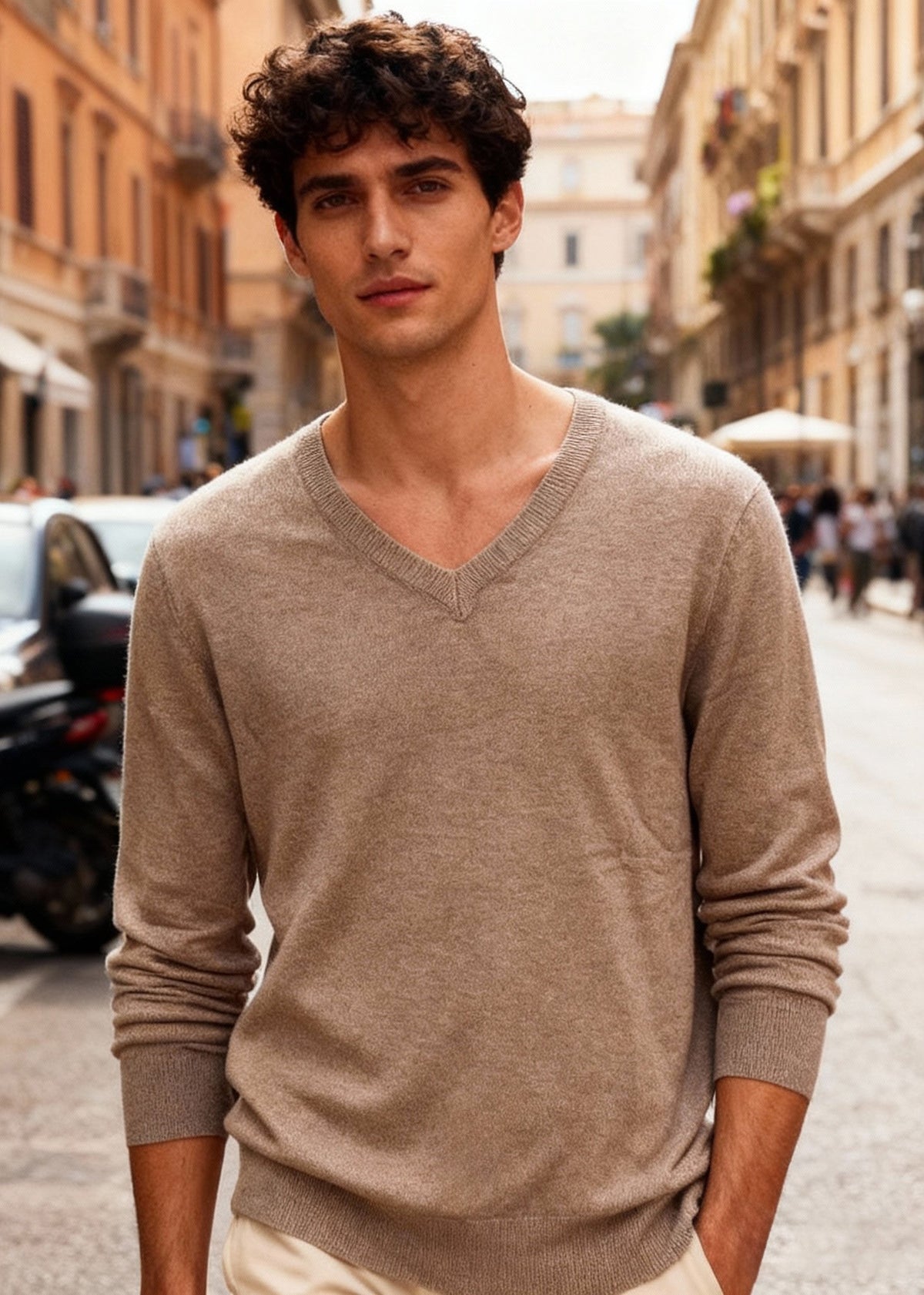 Maglione Uomo Scollo a V in Viscosa - Pullover Elasticizzato Elegante 35607 Kakhi
