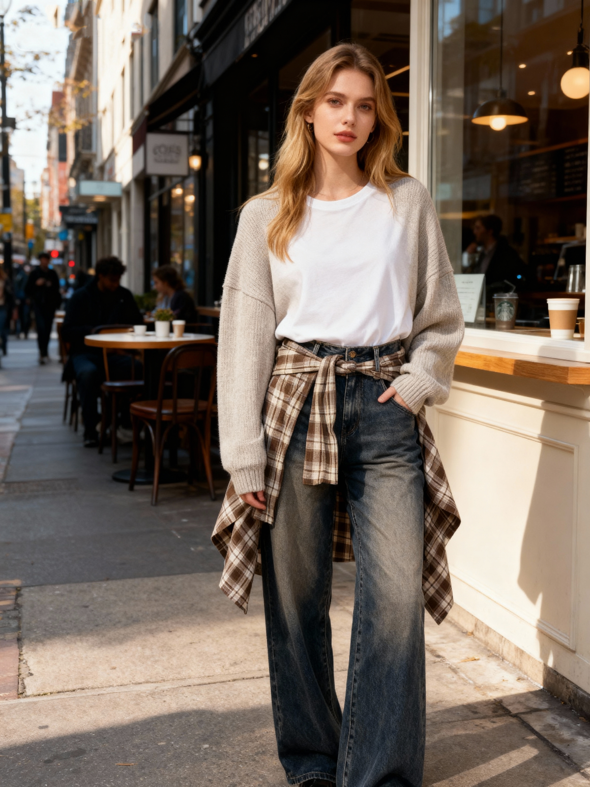 Jeans a Gamba Larga con Fascia a Quadri Rimovibile — Look Layered 2-in-1-T947
