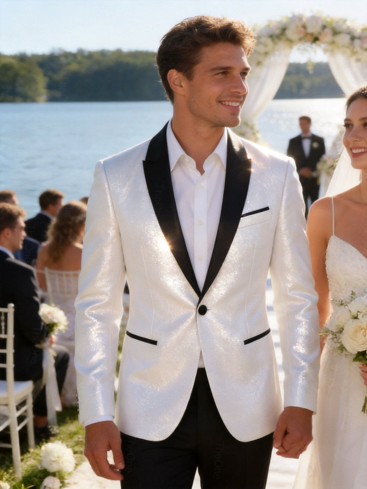 Abito Uomo Cerimonia Bianco Brillantinato Slim Fit con Rever in Raso 2 Pezzi