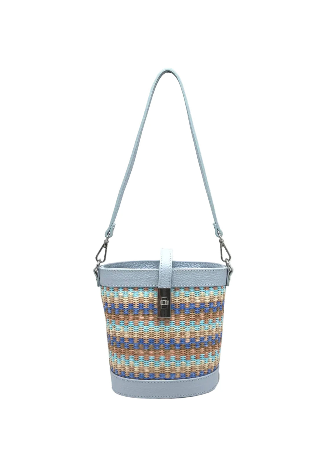 Borsa a Tracolla Estiva in Vera Pelle e Rafia, 2 Tracolle Removibili, Made in Italy – art. 112728 Azzurro cielo