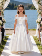 Vestito Ragazza Elegante Off Shoulder Effetto Taffetà Principessa Bianco 6 Anni