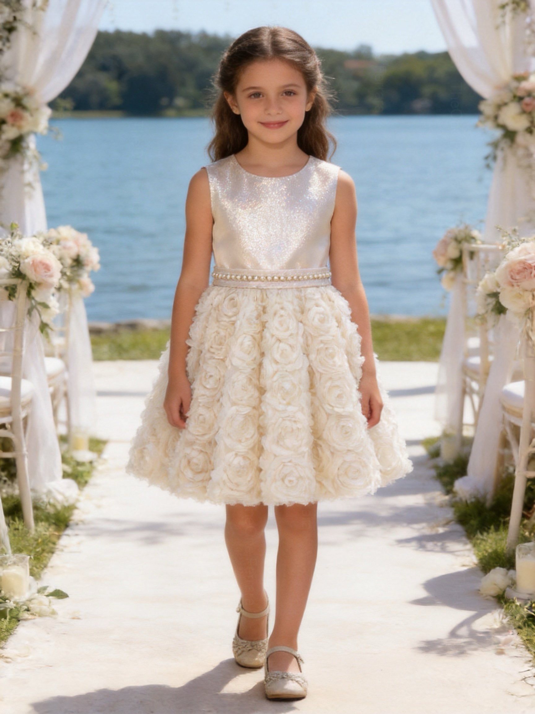 Abito Elegante Bambina 2-12 Anni – Vestito Cerimonia con Gonna 3D Floreale per Matrimonio e Comunione