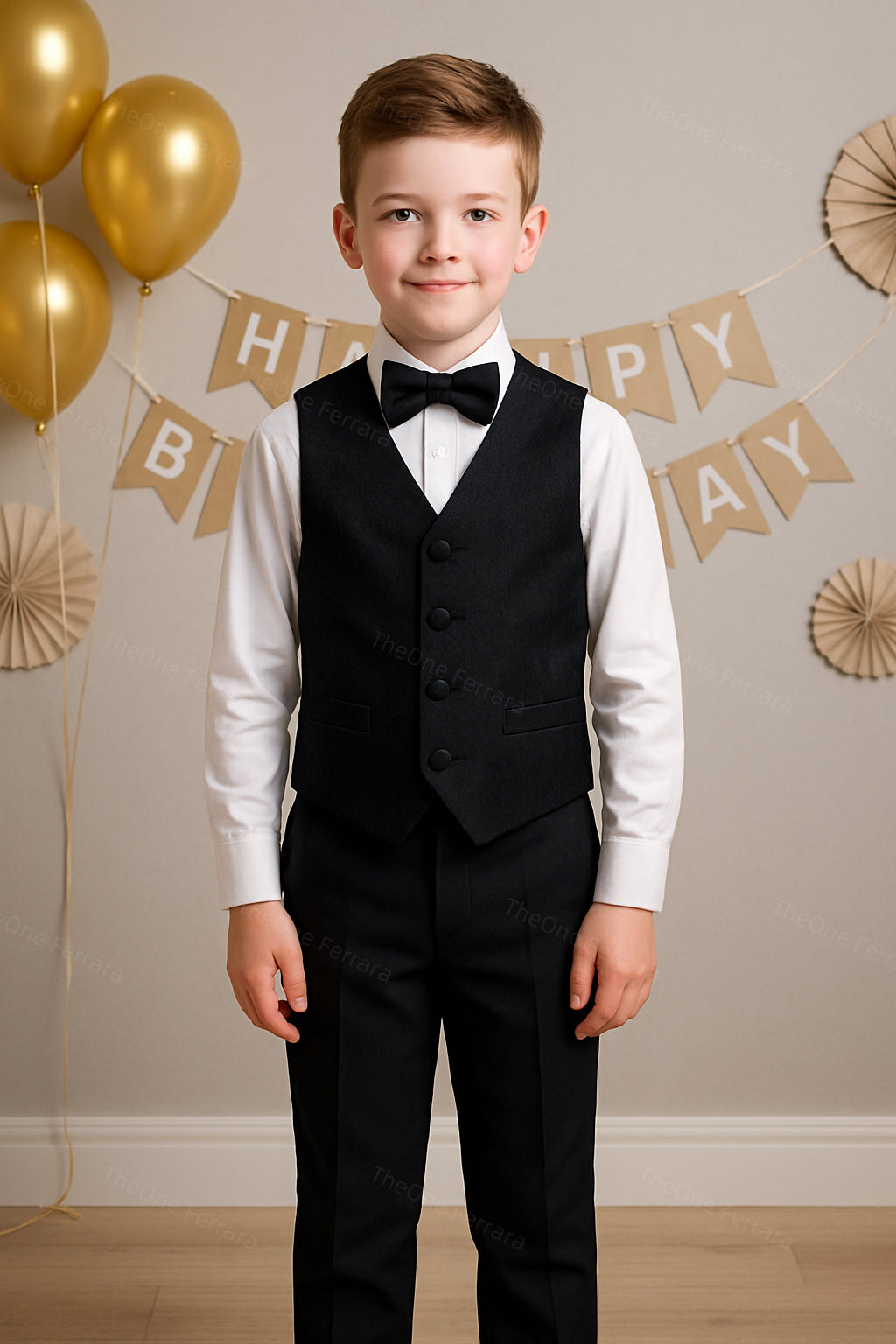 Completo elegante 5 pezzi per bambino 4–16 anni Giacca, gilet, camicia, pantaloni, papillon