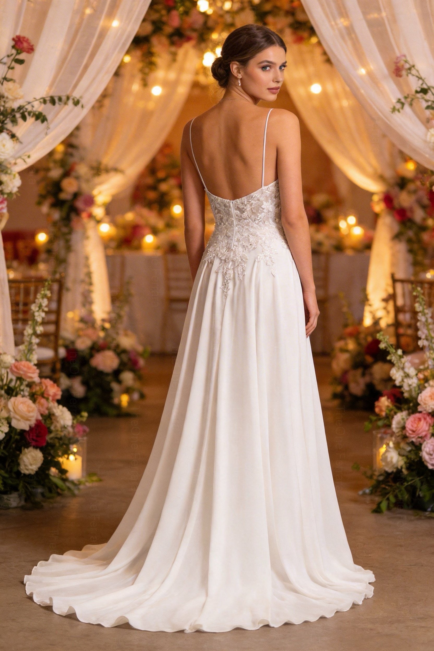 Abito da Sposa A-Line in Chiffon con Pizzo 3D e Scollo Profondo – Spalline Sottili, Effetto Corsetto, Colore Avorio Naturale 879001