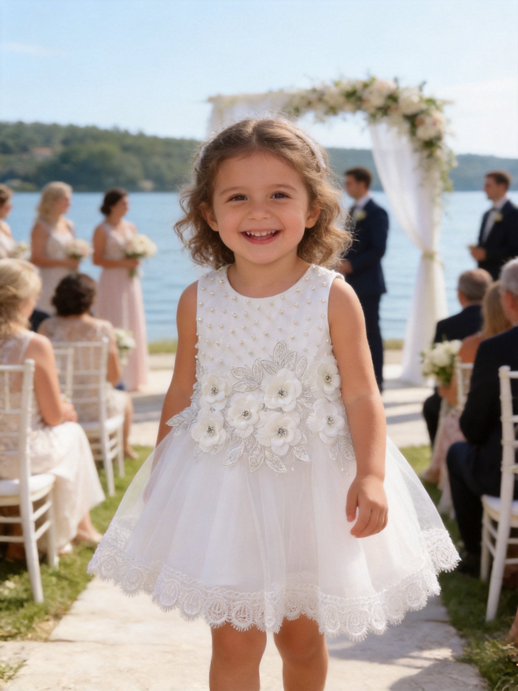 Vestito Elegante Bambina Bianco con Fiori 3D e Tulle per Cerimonia
