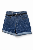 Shorts Jeans Donna con Strass – Pantaloncini Denim Vita Alta Estivi Casual 7816 Blue