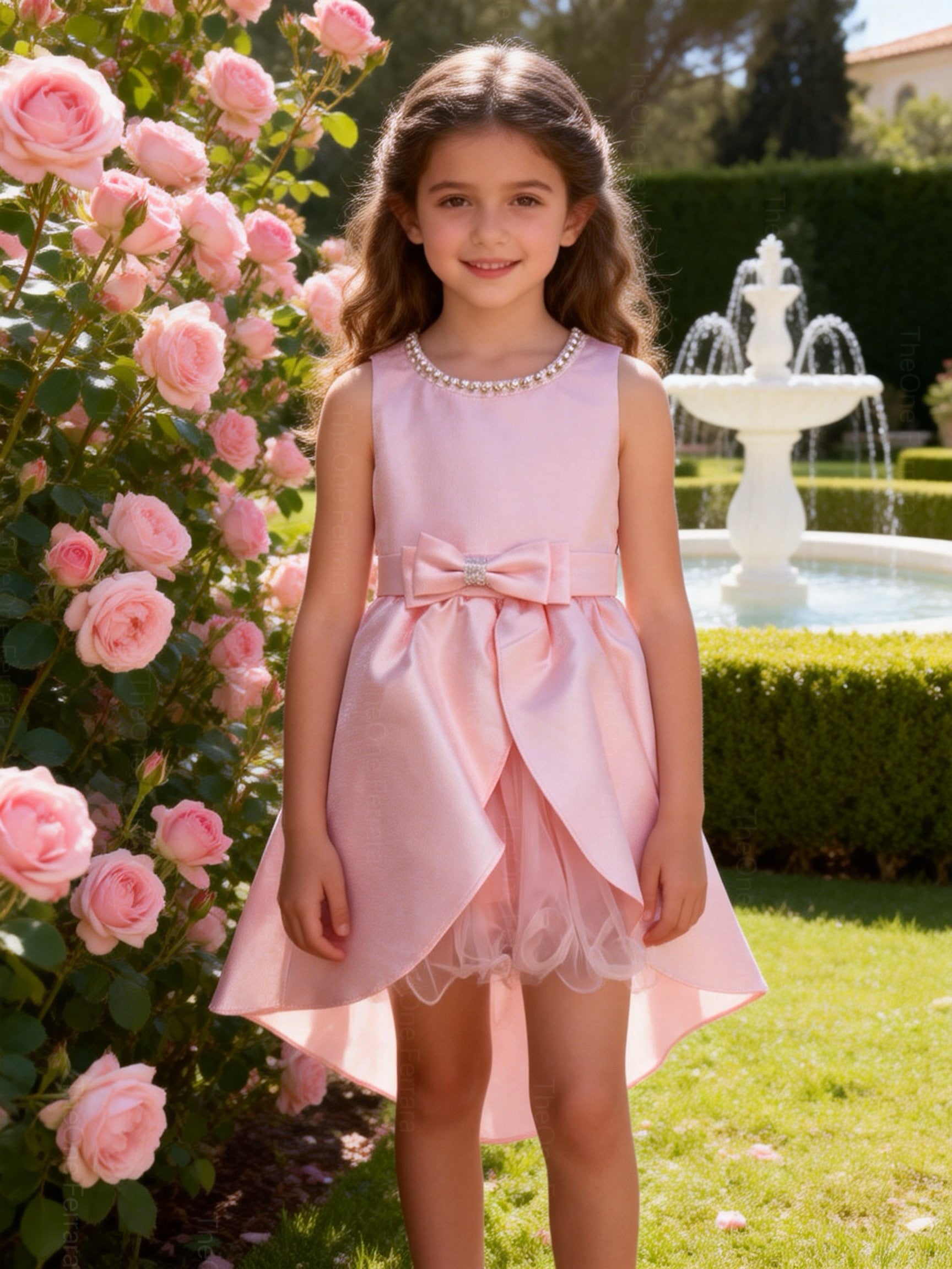 Abito da Cerimonia Bambina in Raso con Gonna in Tulle e Fiocco – Scollo Perle 2-12 Anni 750 Rosa 2Anni
